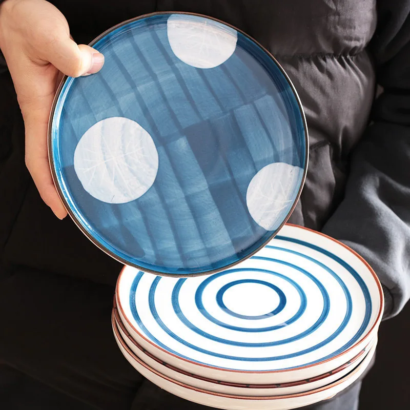 Ceramic Steak Spaghetti Tray, Western Food Serving Dishes, Hand-painted Round Plate, Retro Dinnerware, Dessert Flat Plate, 1Pc