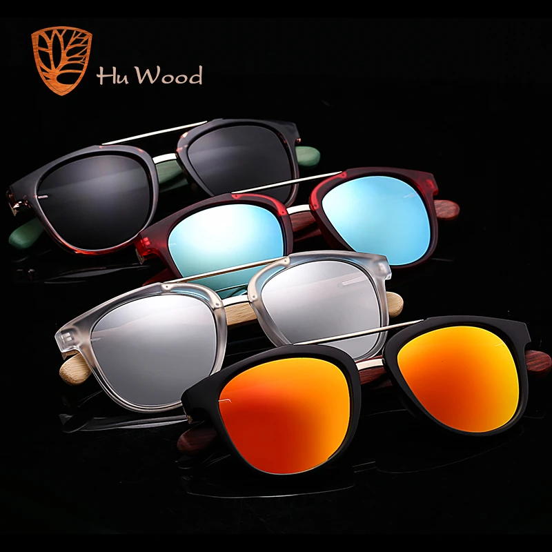 Hu wood-óculos de sol espelhado e prateado, lentes de bambu, masculino, armação de plástico polarizada, sombra, azul, gr8018