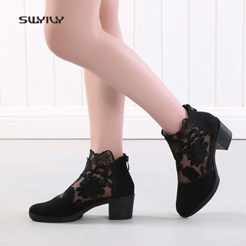 SWYIVY – chaussures de danse à talons compensés pour femme, escarpins noirs, Sexy, en dentelle, Sport, grande taille, 41, automne, 2019