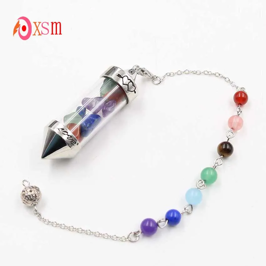 Wholesale 10pcs Natural Crushed Stones Wish Bottl Pendant Pyramid Point Pendulum 7 Chakra Beads Chain Reiki Amulet Jewelry