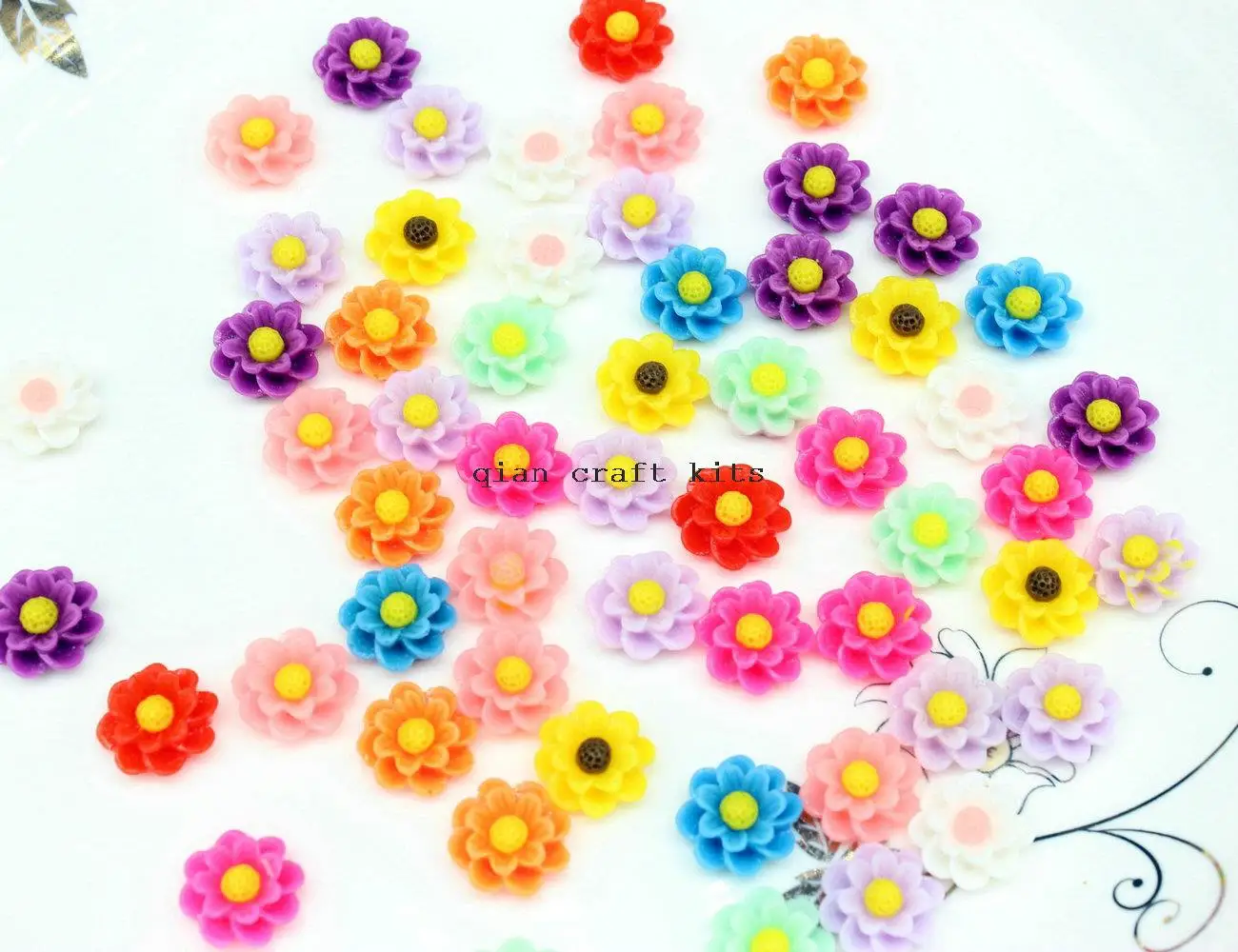 300pcs mini 14mm Detailed Double Leaves Daisy Cabochons Flat Backs,Resin flatbacks, DIY Supplies, Decoden Resin cabs