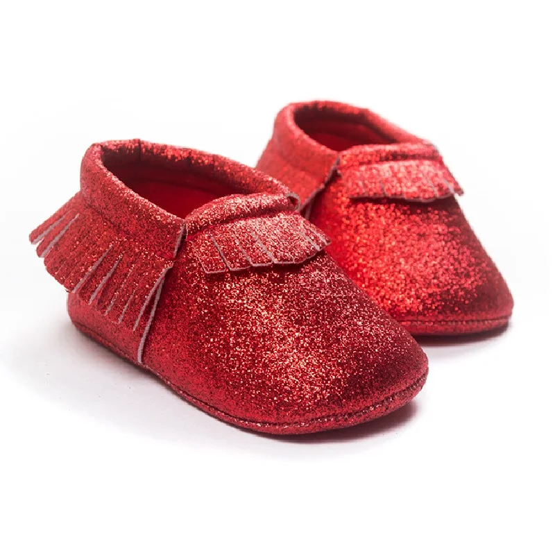 Red Twinkling Baby Girl Shoes Bling Newborn First Walkers X'MAS Children Moccasin Tassel Leather Shiny Christmas Boy Fringe Sock