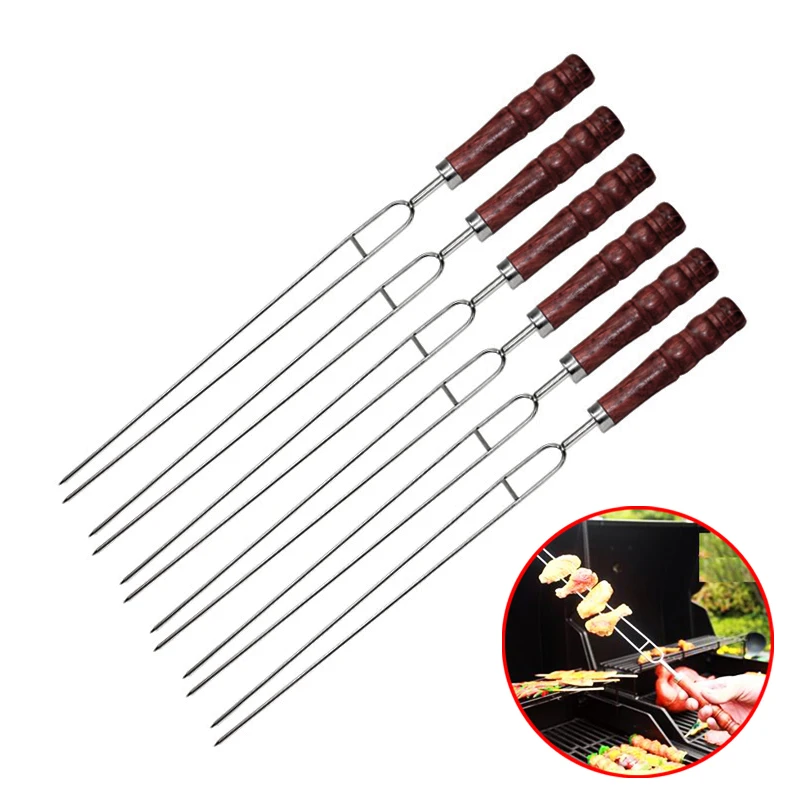 

5pcs U-shaped Stainless Steel Barbecue Skewers Grill BBQ Stick Wooden Handle BBQ Forks Outdoor Needle Accessories Cooking Tools