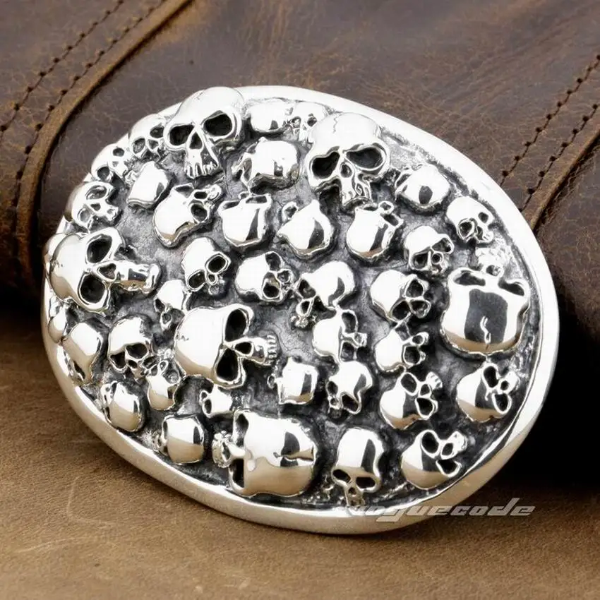 LINSION-925 Sterling Silver Skulls Belt Buckle para homens, motociclista Punk, Rock, 9C006