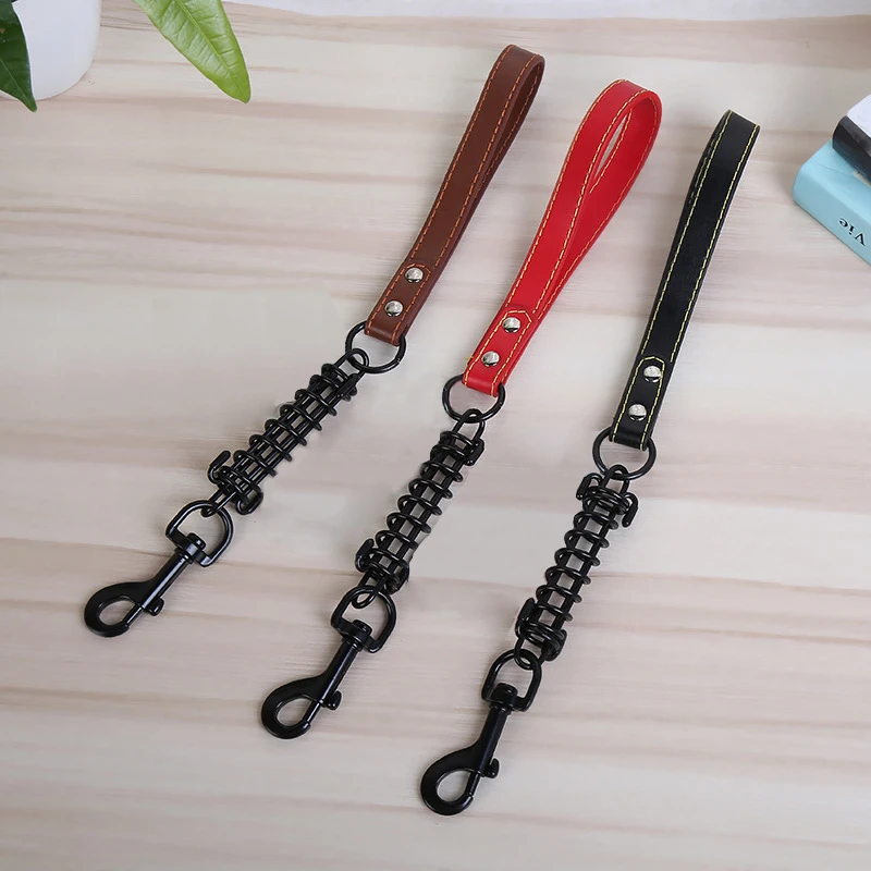 

Dog Short chain leash Explosion proof large dog lead PU leather handle big dog leashes Spring buffer black metal pet traction