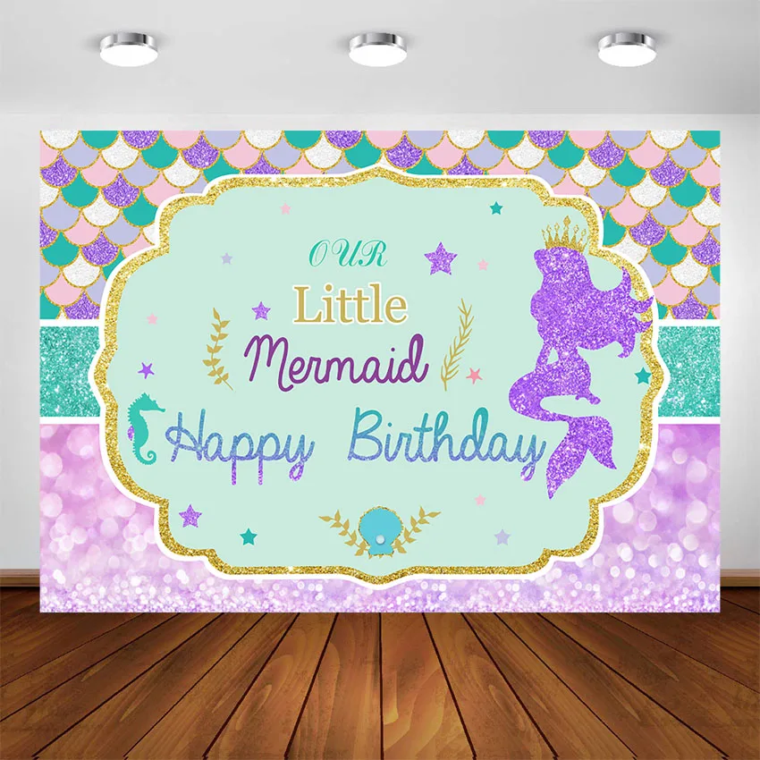 Crowned Mermaid Backdrop Under The Sea Mermaid Sea Grass Castle Background Glitter Baby Children Birthday Party Decor Banner