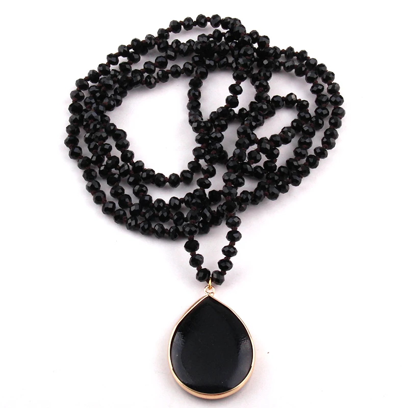 Fashion Bohemian Jewelry 6mm Glass Long Knotted Stone Drop Pendant Necklaces For Women