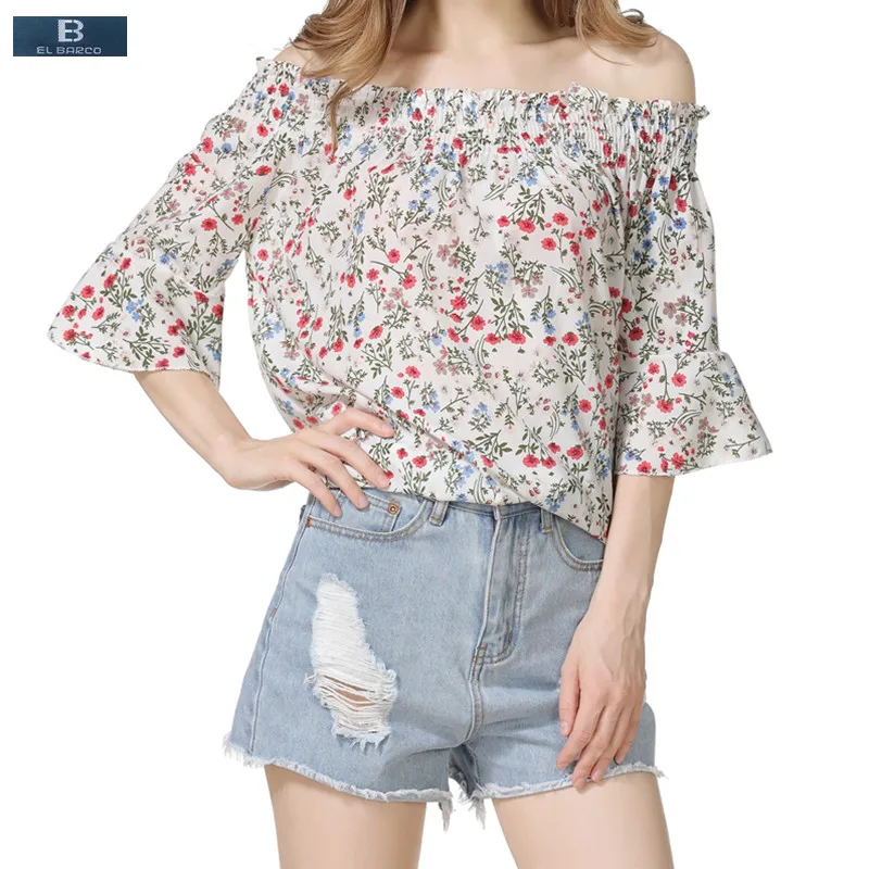 [EL BARCO] 2017 Sommer Baumwolle Leinen Slash-ausschnitt Frauen Chiffon Bluse Shirts Floral-Print Schmetterling-hülse Dame Vintage Casual Top