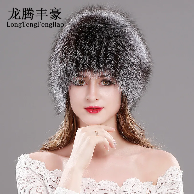 Women'S Natural Fox Fur Knit Hat Real Fur Beanie Russian Ladies Winter Thick And Warm Fashion Silver Fox Fur Hat