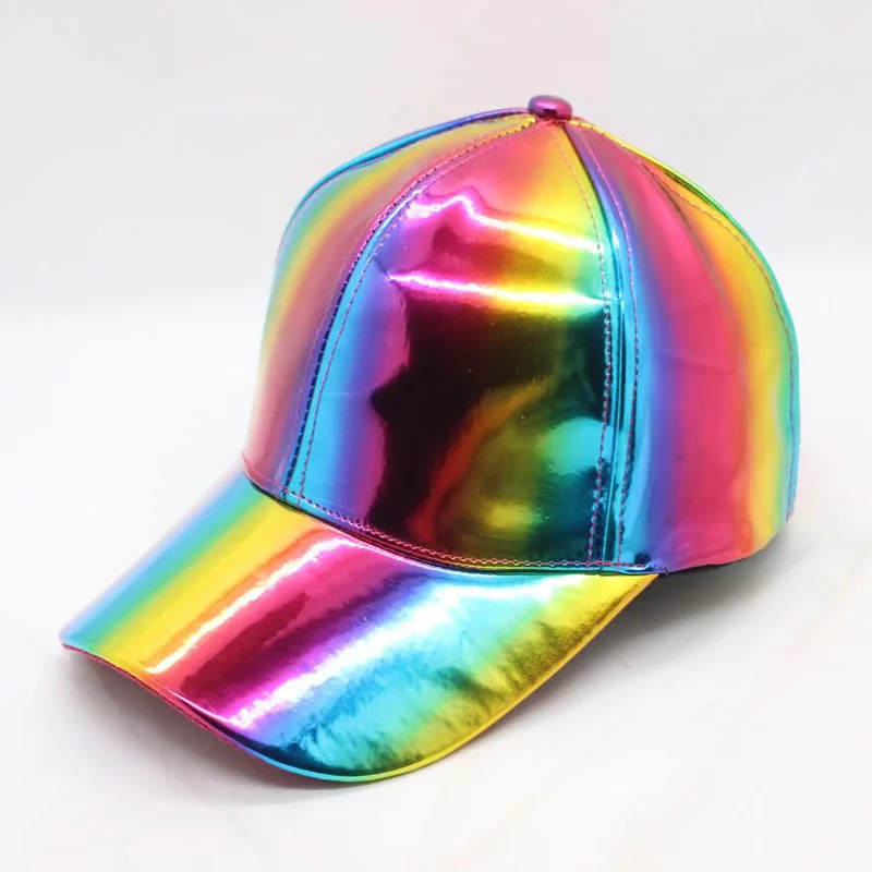 Men Women Cool Bright Rainbow Color PU Patent Leather SunShade Baseball Cap Sport Sunscreen Hip Hop Dance Adjustable Sun Hat P49