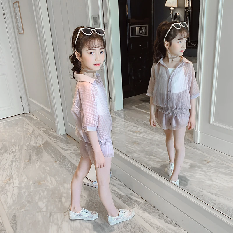 Girls Summer Lovely Striped Chiffon Clothing 3 Pcs Set Children's Sun-Protective Thin Clothes Kids Tops + Camisole + Shorts X391