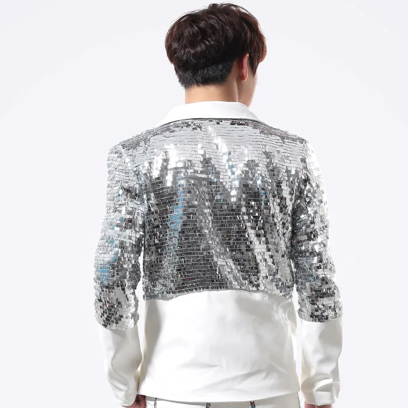 (Jacket+Pants) Men Suit Silver Sequins Blazers Trousers 2 Piece Stage Costume Nightclub Punk Male Singer Rock Bar Dance Outfit