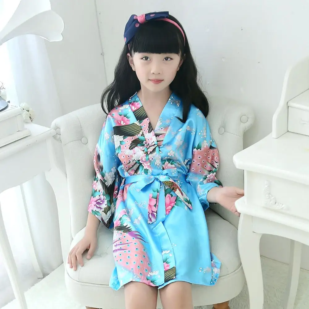 Lovely New Kid Silk floral Wedding Robe Kimono Bride Flower Girl Dress Children Bathrobe Sleepwear Baby Clothes Dressing Gown