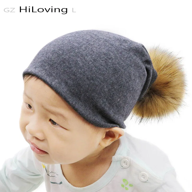 

GZhilovingL New Baby Girls Boys Real Fur pompom Cotton Hat Solid color Soft Warm Cotton Slouch Beanie Hats For Kids Childs