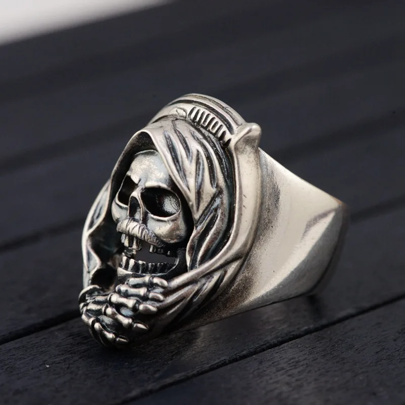 

100% real S925 solid sterling silver retro style men's hollow skull adjustable style ring