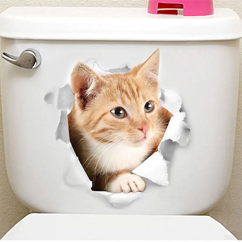 Cute Cat Dog Toilet Stickers Home Decoration Diy Funny Cartoon Animal Wc Mural Art Vivid 3d Kitten Puppy Safari Pvc Wall Decal