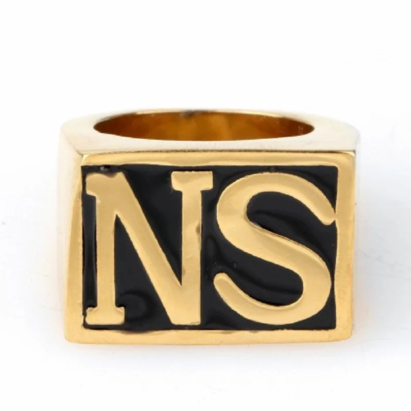 NS Rock Roll Golden Tone Carved Letter 316L Stainless Steel Boys Mens Ring