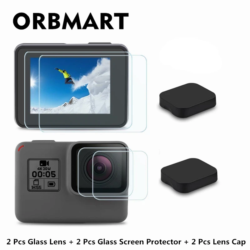 ORBMART 6 Pcs(Every 2 Pieces) Lens Cap Cover Case + Glass Lens and Screen Protector Film For Gopro Hero 5 6 7 Black Camera