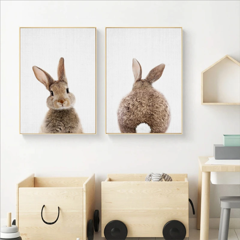 Bunny Rabbit Canvas Painting Woodlands Nursery Decor Animal Picture Rabbit Wall Art Prints Modern Baby Room Decoration