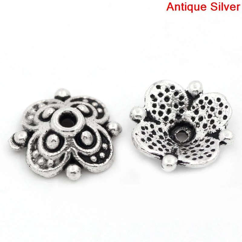 Doreen Box Lovely Bead Caps Flower Silver Color(Fits 12mm-14mm Beads) 10x10mm,Hole:Approx 1.3mm,100PCs (B25971)