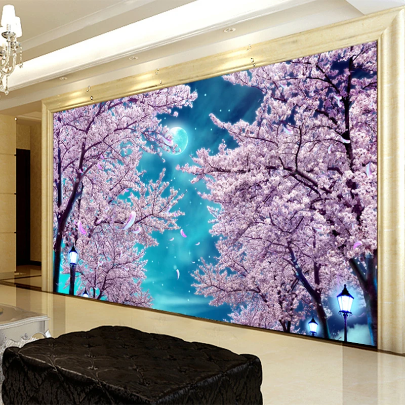 Kustom ukuran Mural Wallpaper 3D langit biru bunga sakura pohon bunga kain dinding lanskap Modern ruang tamu kertas De Parede