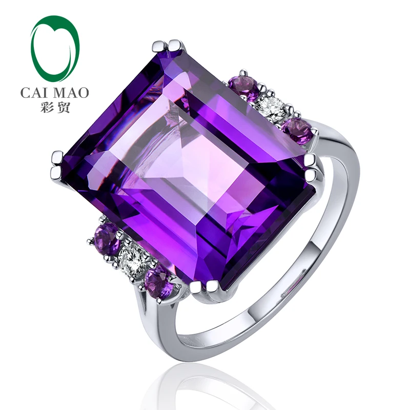 CaiMao 11.5ct Natural Emerald Cut Amethyst 0.10ct Superior Diamond 14k White Gold Ring