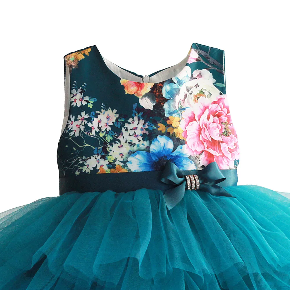 HETISO Baby Girls Dress Floral Print Wedding Party Baby Clothes Green Layered Summer Dresses 1 Year Birthday Dress Size 2-7T