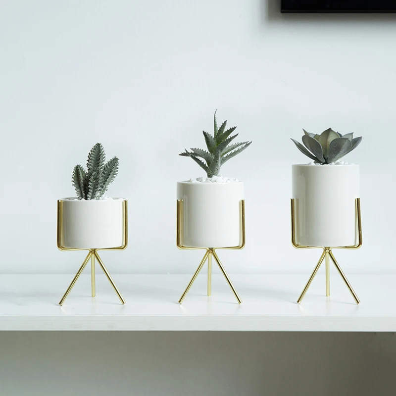 Set of 3 pcs Ceramic Flower Planters with Iron Rack for Succulent Plants Desktop Ceramic Flower Vase Home Garden Decoration