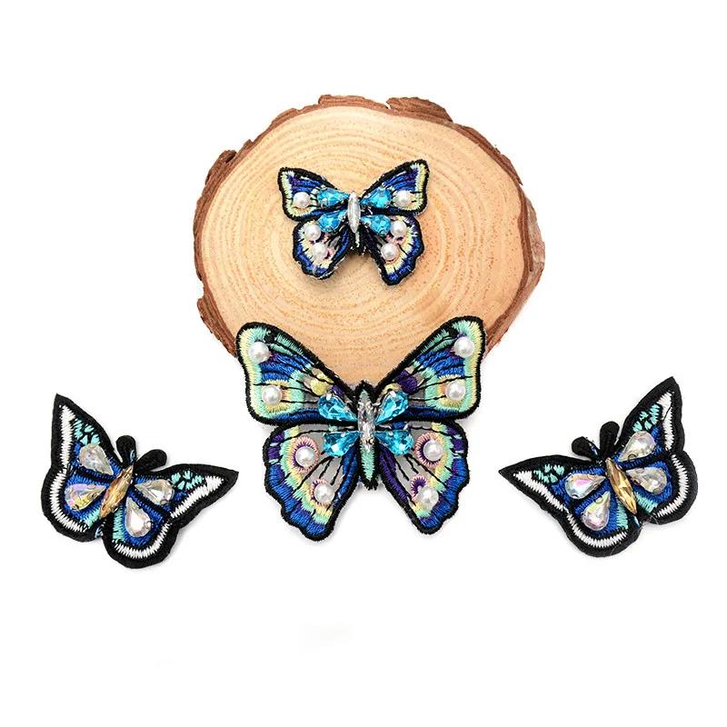 AHYONNIEX Brand 1pcs Blue Butterfly beads rhinestones patches sew on beading applique clothes shoes bags decoration patch DIY