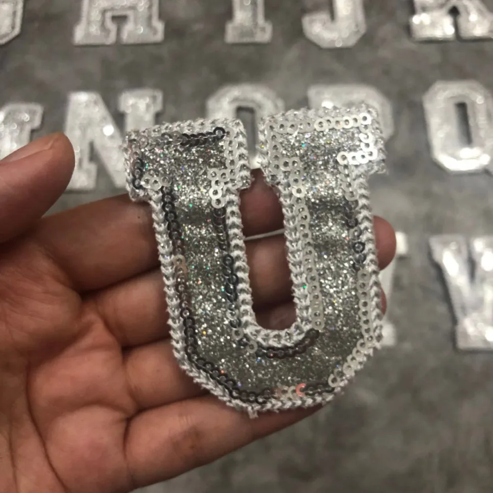 Silver Sequins Alphabet Letter Patch For Clothes Sew On Garment Accessories Embroidered Applique Decoration Repair Patches