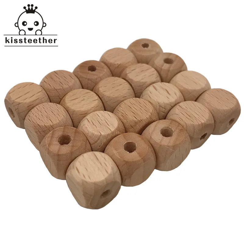 High quality Faceted beech Wood Bead, 12mm Unfinished Natural Figure Quartet Wooden cube Beads For DIY Teether & Nursing Necklac