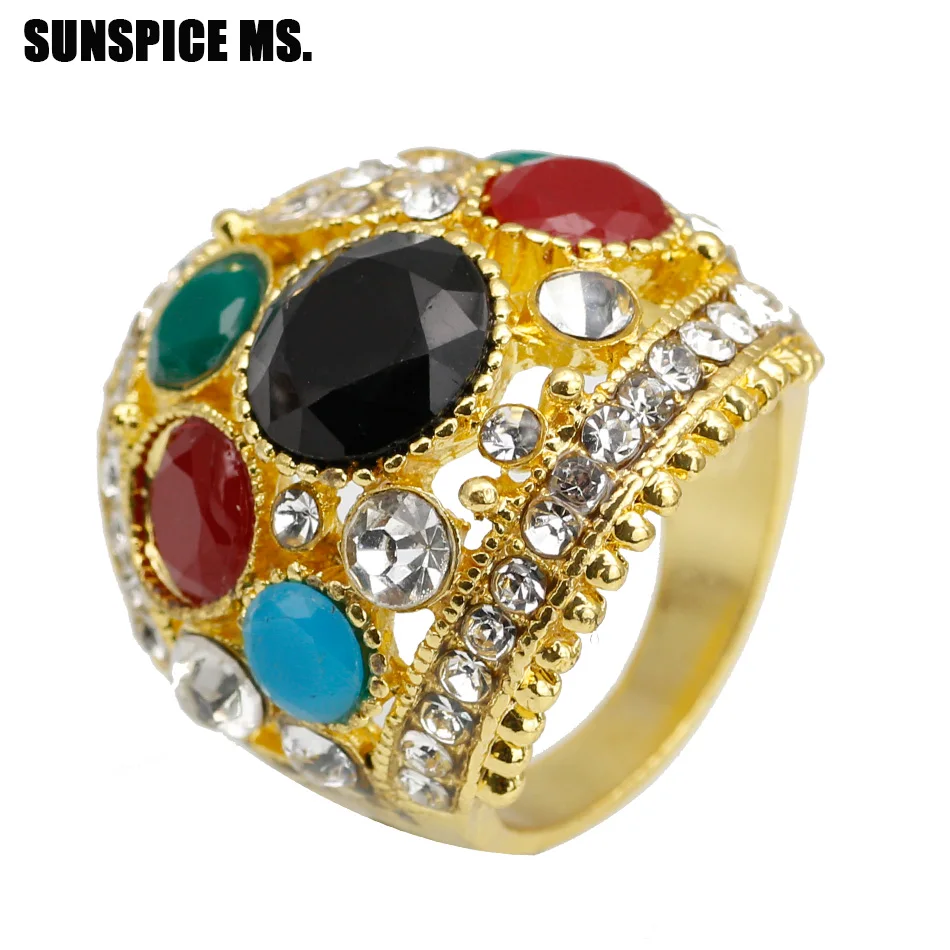 Hot Bohemia Ethnic Round Rings For Women Turkish Design Antique Gold Color Full Rhinestone Vintage Wedding Ring Jewelry Gift New