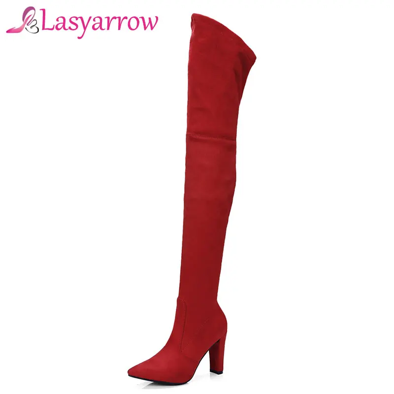 

Lasyarrow Sexy Slim Over the Knee Boots Women's Black Red Thigh High Boots Flock Chunky High Heel Long Botas Feminina Elastic