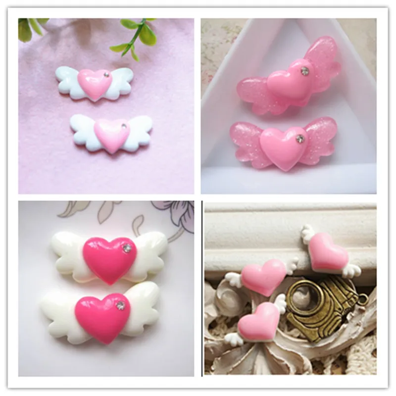 diy flat back resin beads wings heart  for brooch accessory 20pcs