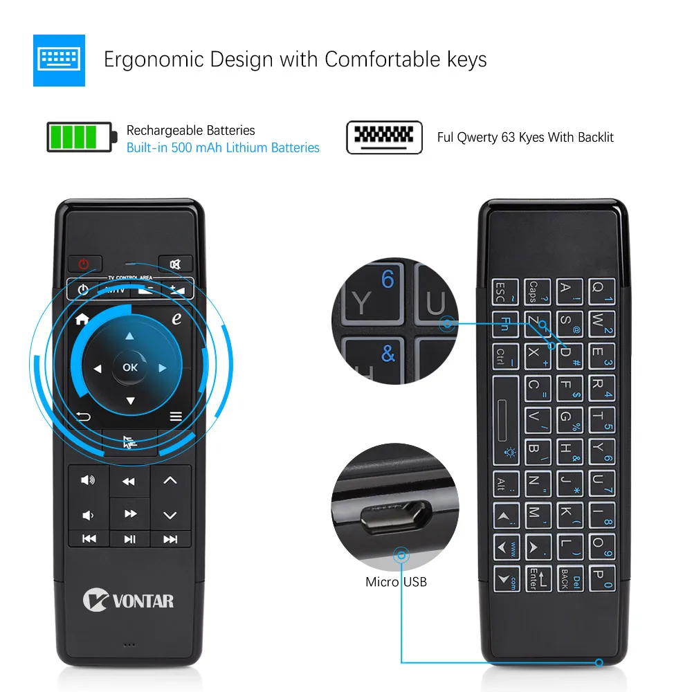 VONTAR 2.4GHz Air Mouse Wireless Keyboard 6-Axis IR Learning Remote Control with Backlit rechargable for Android TV BOX PC