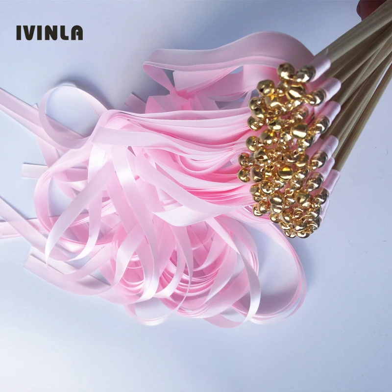 

50pcs/lot double pink wedding ribbon stick streamers With gold Bells for wedding party