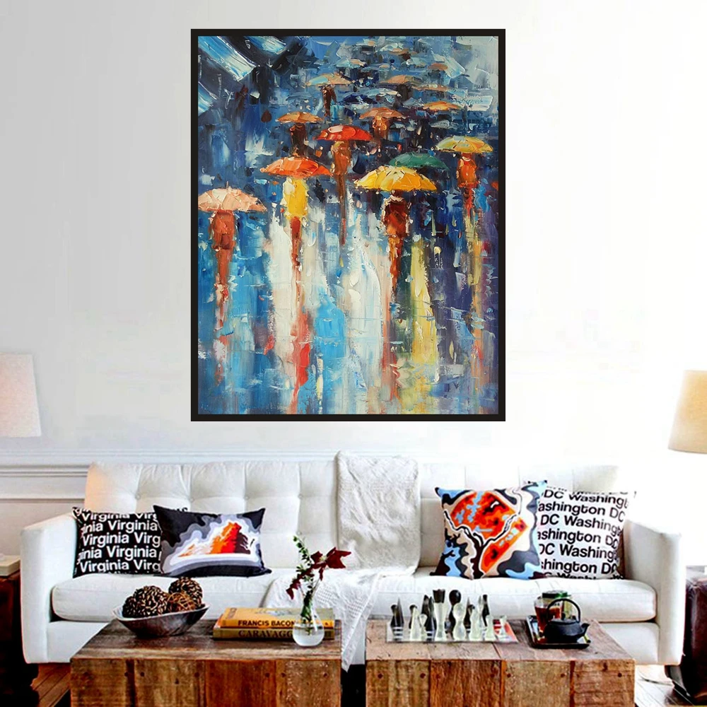 

Office Decor Knife Painting for Living Room Wall Art Landscape Rain Umbrella Hand Painted Canvas Oil Paintings Dropship