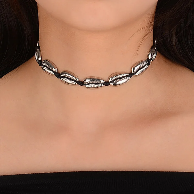 

Metallic Golden Silver Plated Shell Beads Short Strand Necklace Black Rope Choker for Women