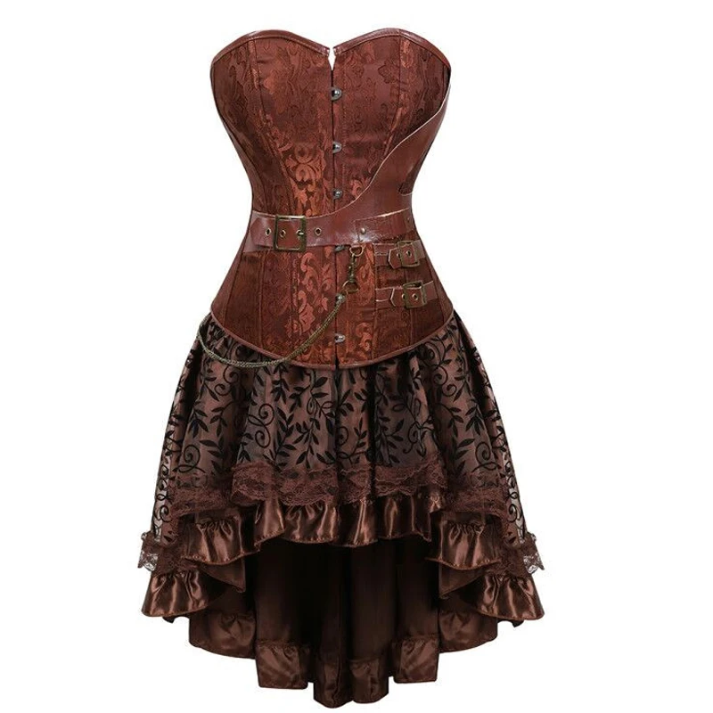 Women\'s  Corset Dress Sexy Gothic Victorian Steampunk Leather Overbust Corsets and Bustiers Skirt Party Waist Trainer Plus Size