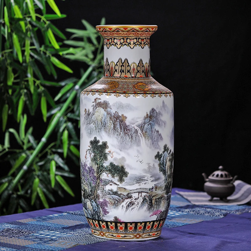 Antique Chinese Rivers and Mountains Floor Vase  Jingdezhen Handmade Golden Drawing Large Floor Vase For Home Decor