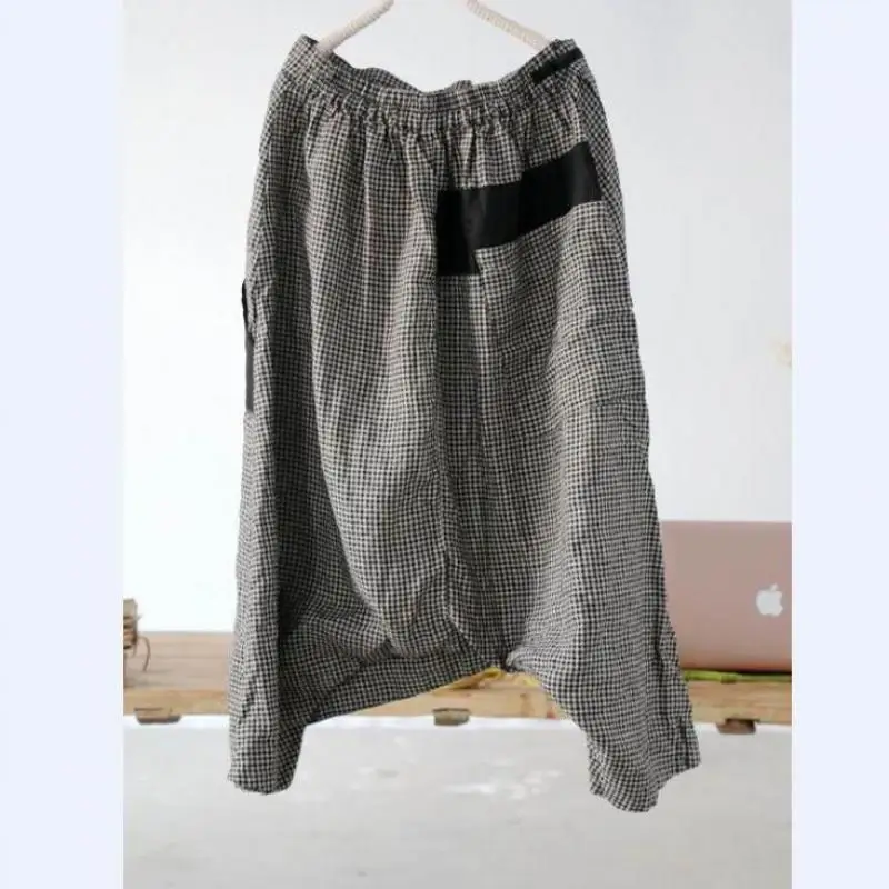 USWMIE 2020 Spring Women Pants Vintage Casual Elastic Waist Plaid Do Old Contrast Color Pocket Loose Comfort Flax Ninth Pants