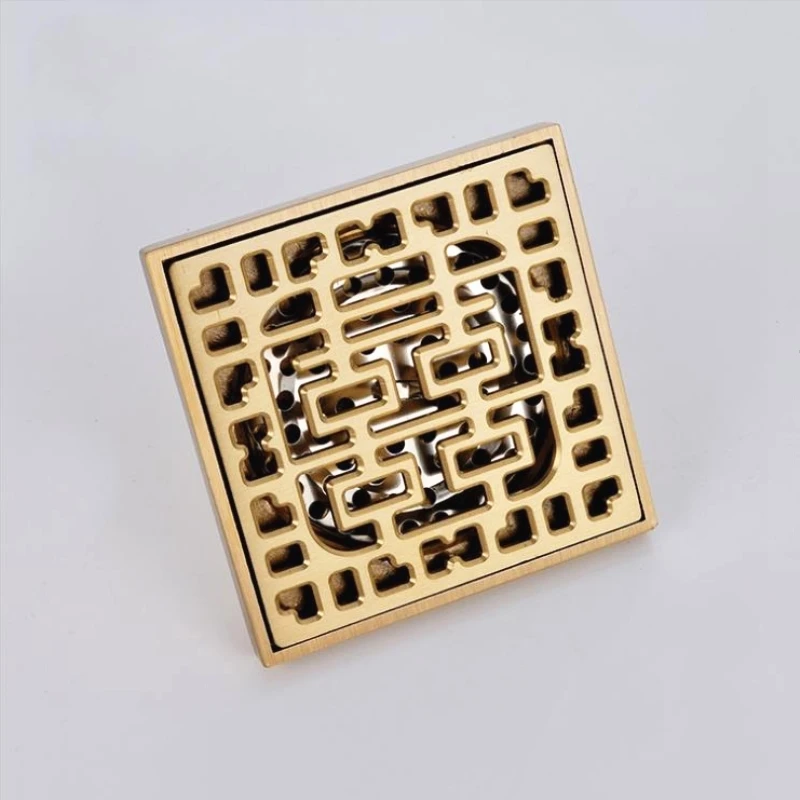 1pc Bathroom Brass Square Double Happiness Gold Deodorant T-type Floor Drain