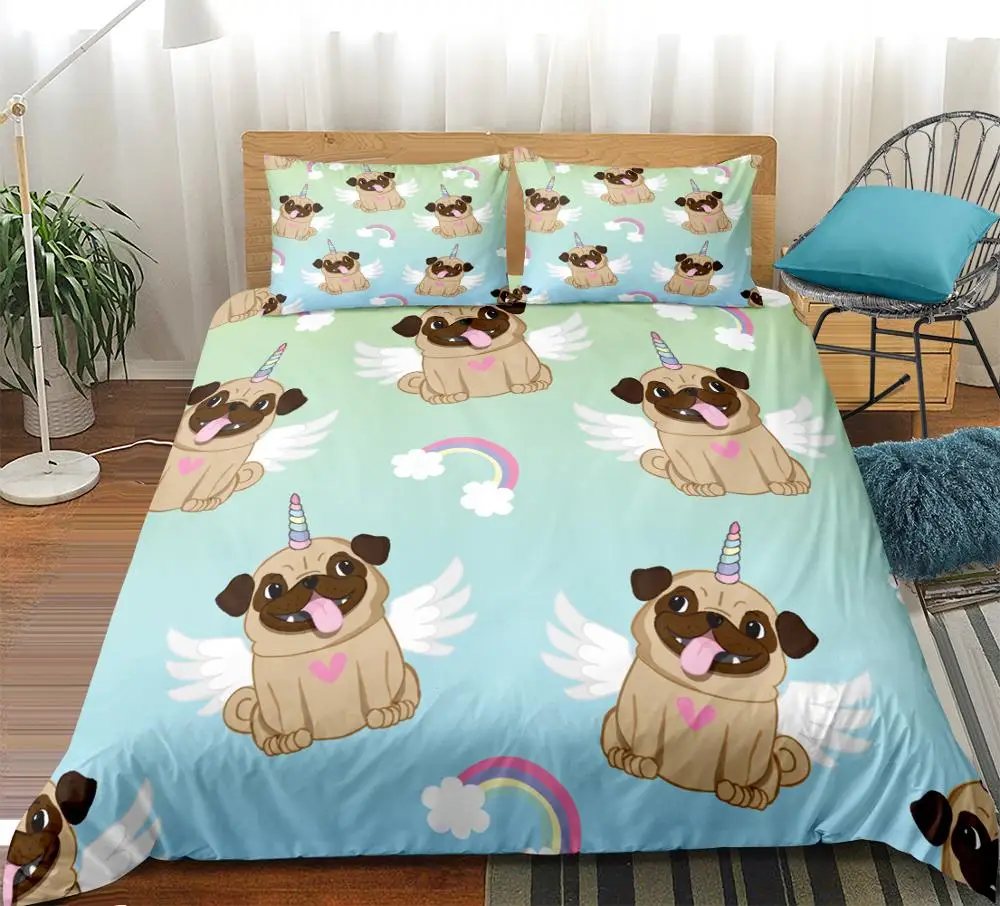 

Rainbow Pug Bedding set Fashion unicorn dog Duvet Cover 3pcs Blue for Girls Quilt Cover Set cartoon pattern home Textiles