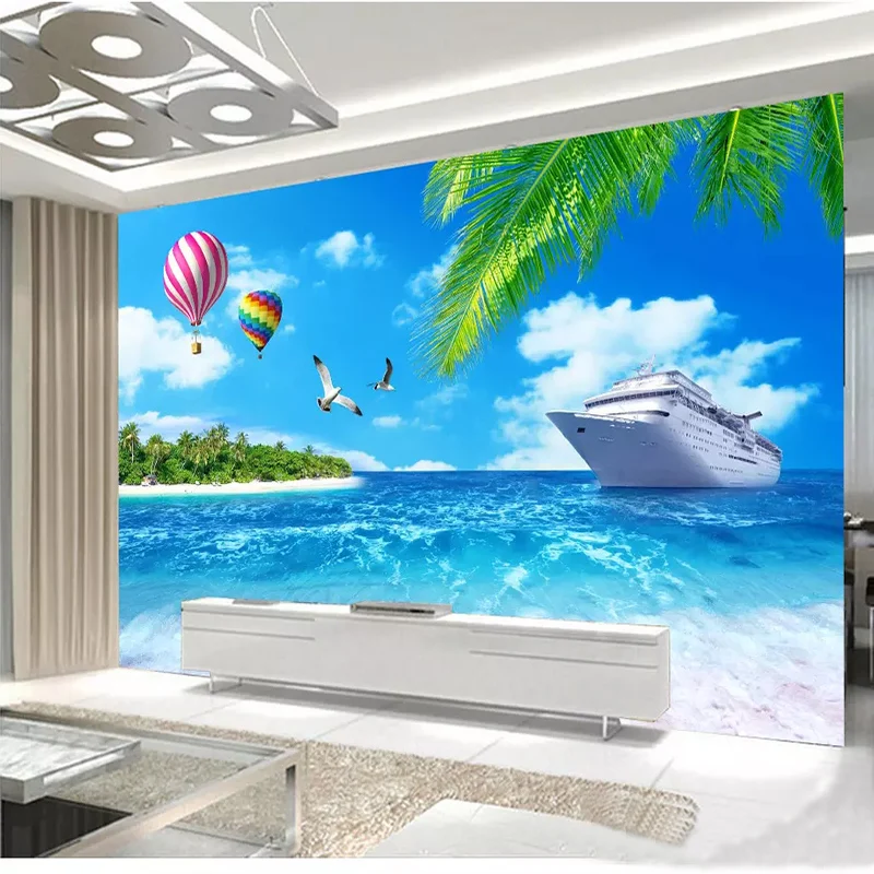 Custom Wall Cloth 3D Sea View Coconut Tree Boat Nature Landscape Wallpaper Living Room Bedroom Decoration Background Wall Mural