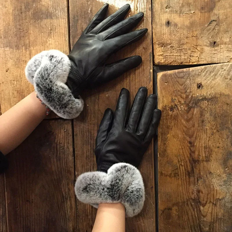 

Ladies Genuine Leather Gloves With Real Rex Rabbit Fur Cuff Real Sheep skin Ladies Warm Winter Glove Real Rabbit Fur Hand wrist