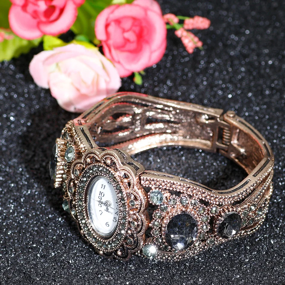 SUNSPICE-MS Quartz Wristwatch Retro Vintage Bangle Cuff Watch Women Antique Gold Color Hollow Flower Indian Jewelry Gray Crystal