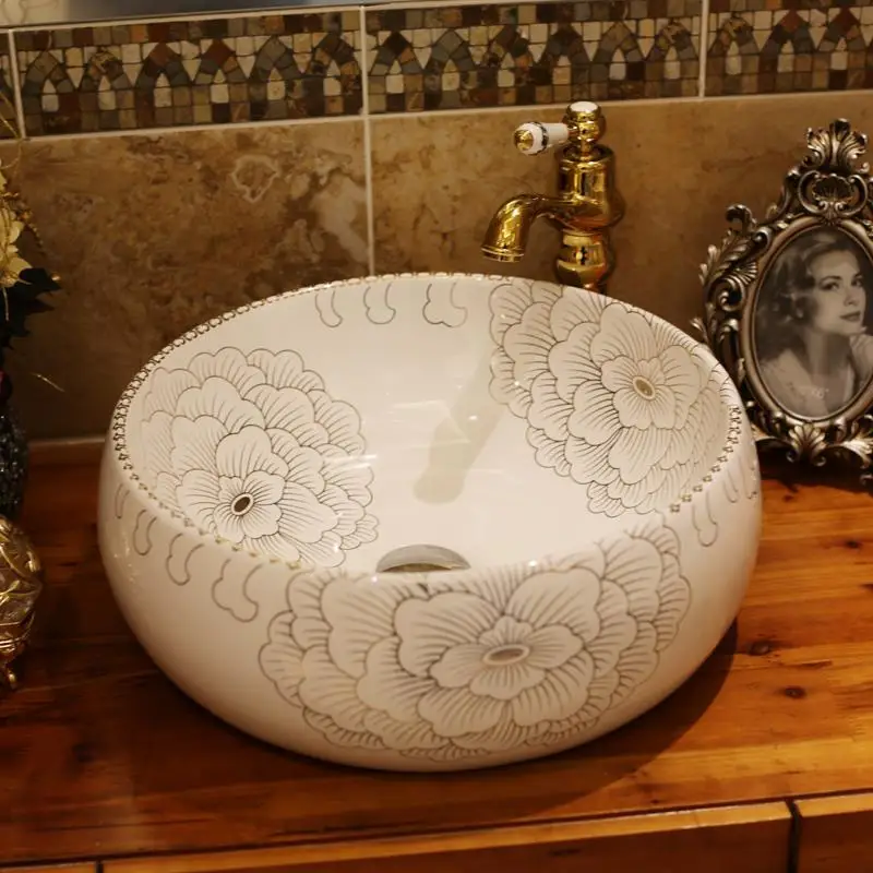 

Europe Vintage Style Art Porcelain Countertop Basin Sink Ceramic Bathroom Vessel Sinks Vanities art basin ceramic basin
