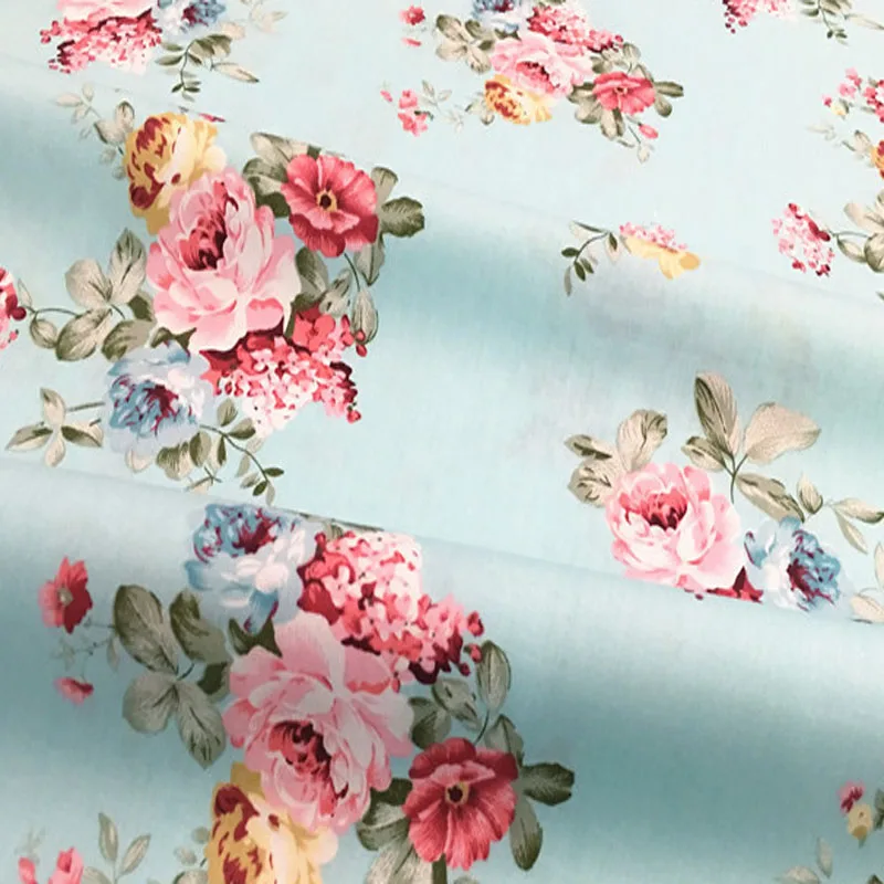 Pretty 50x160cm Blooming Blue White Red Rose Flowers Printed Cotton Fabric For DIY Sewing