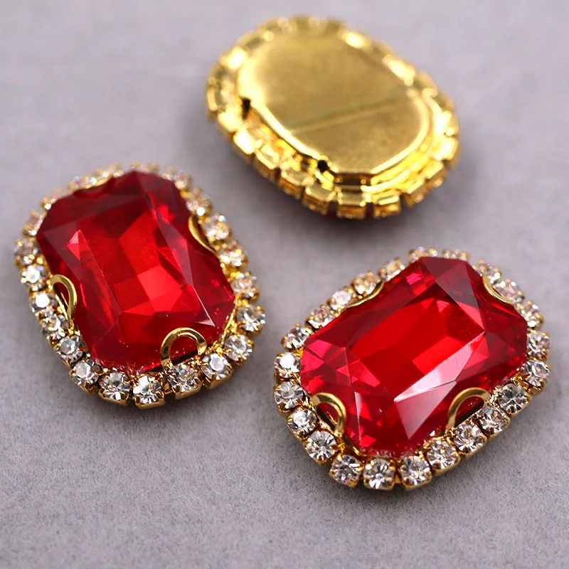 Hot!!! Gold base Rectangular octagonal shape Red sew on rhinestones glass Crystal button DIY Wedding dress/clothing accessories