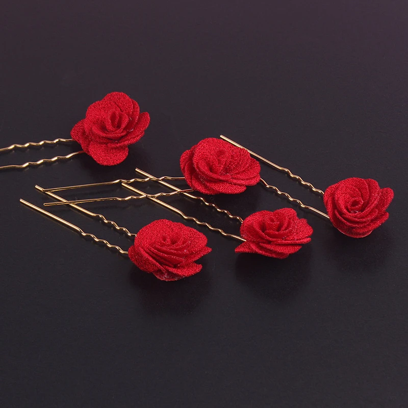 Épingles à cheveux fleur rose rouge chinoise pour demoiselle d'honneur, pinces à cheveux, bâtons, épingles à cheveux de mariage pour femmes, patients, ornement de cheveux, bijoux, mode, 5 pièces